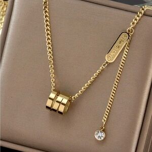 Gold Plated Stainless Steel There Ring Rhinestone Lariat Chain Necklace